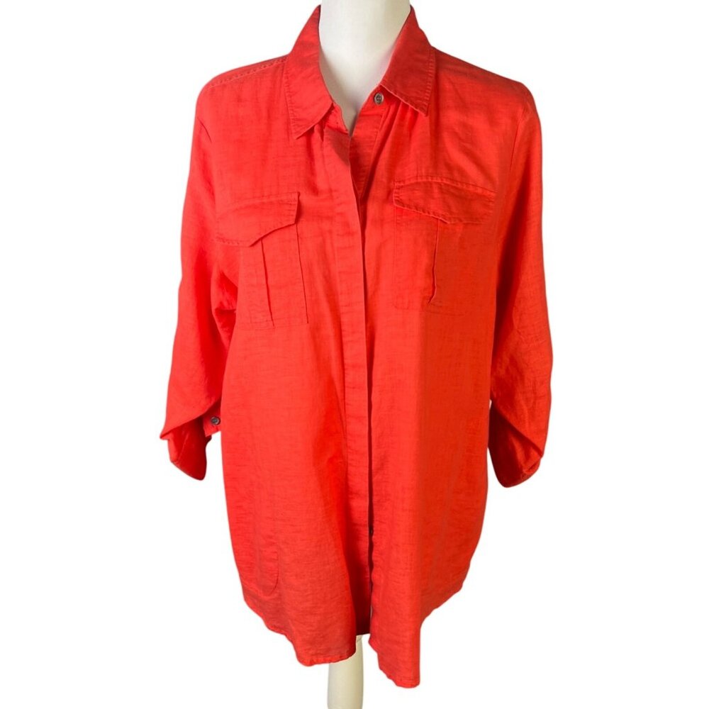 Chaus Sport Red Button-Up Shirt With 3/4 Roll Tab Sleeves & Chest Pocket size L